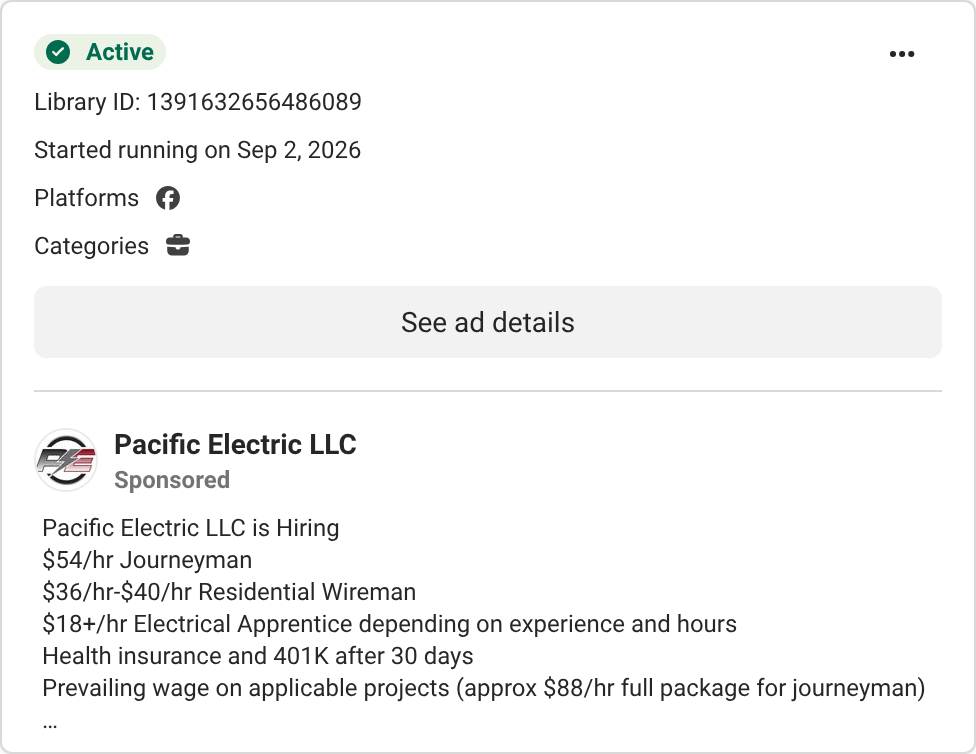 Meta Ad Library: Pacific Electric hiring ad