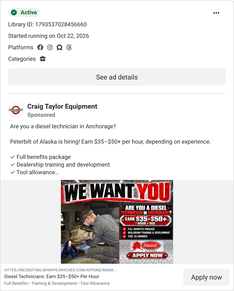 Meta Ad Library: Peterbilt of Alaska hiring ad for diesel technicians in Anchorage