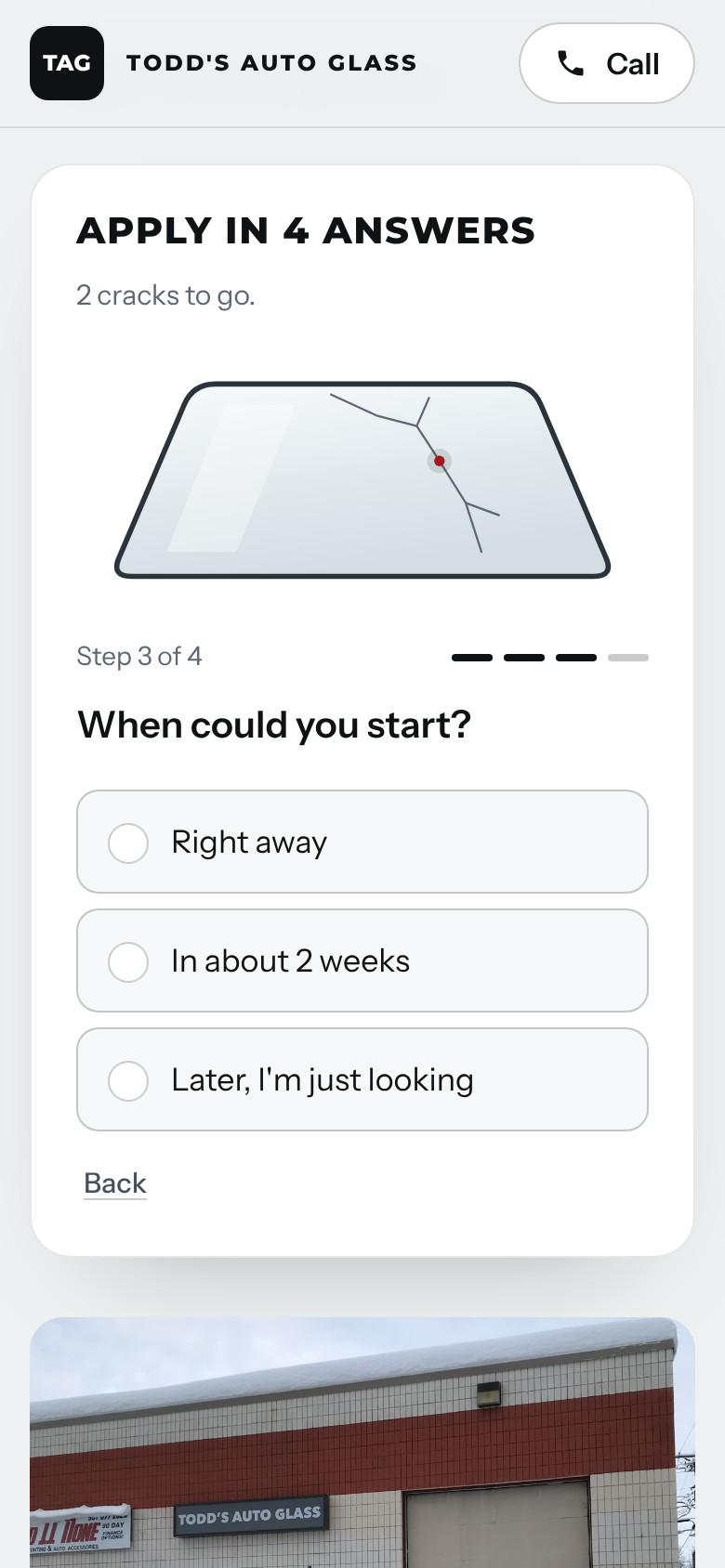 Apply page on a phone: every answer fixes a crack in the windshield