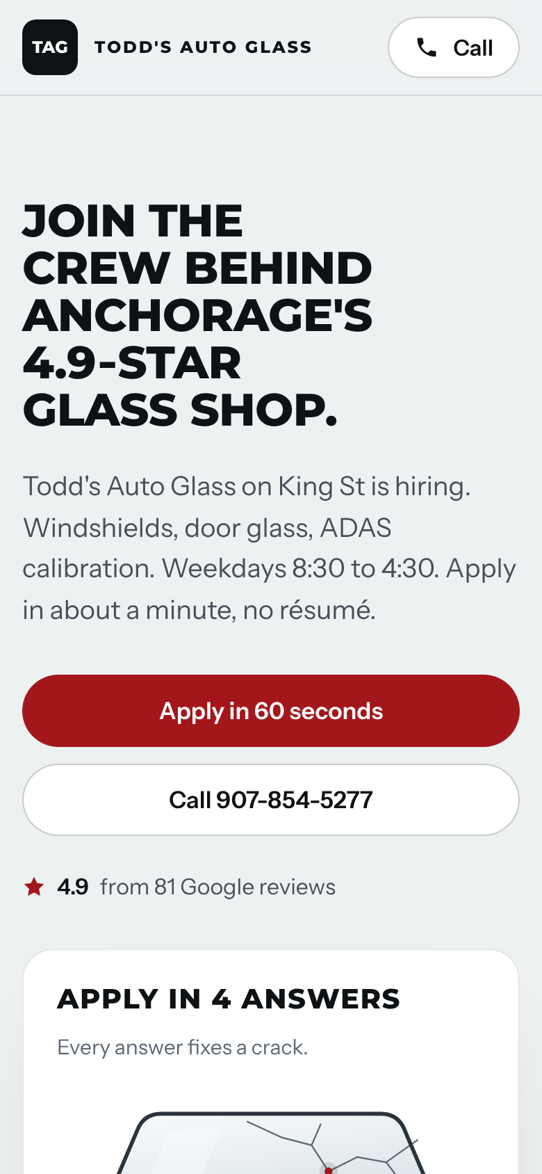 Todd's Auto Glass hiring page on a phone